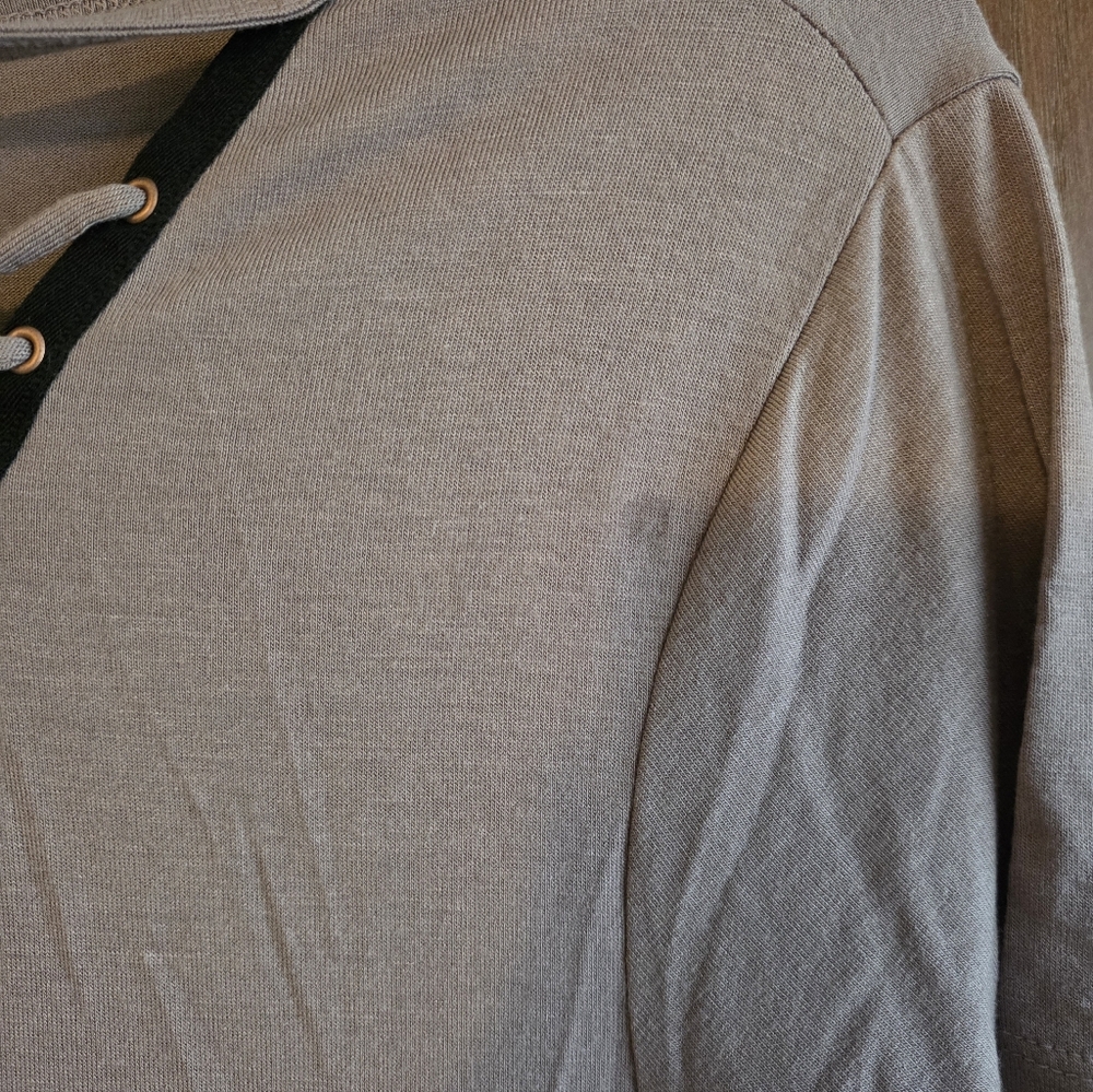 Lace-Up V-Neck Short Sleeve Top - Taupe - Picture 2 of 3